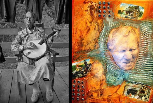 Dellie Norton, black and white photograph, 10 x 16", 1982 Mountain Souls, mixed media, 24 x 24", 2014